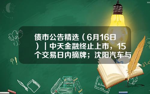 债市公告精选（6月16日）｜中天金融终止上市，15个交易日内摘牌；沈阳汽车与华晨集团等共同签署实质合并重整投资协议-中天金融股票冻结新闻资讯