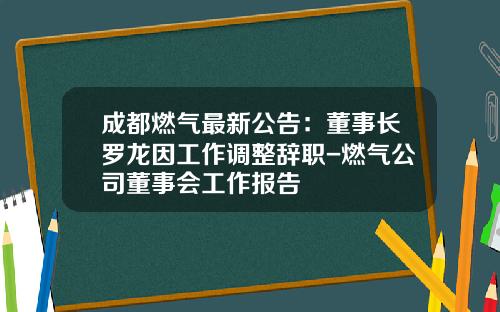 成都燃气最新公告：董事长罗龙因工作调整辞职-燃气公司董事会工作报告